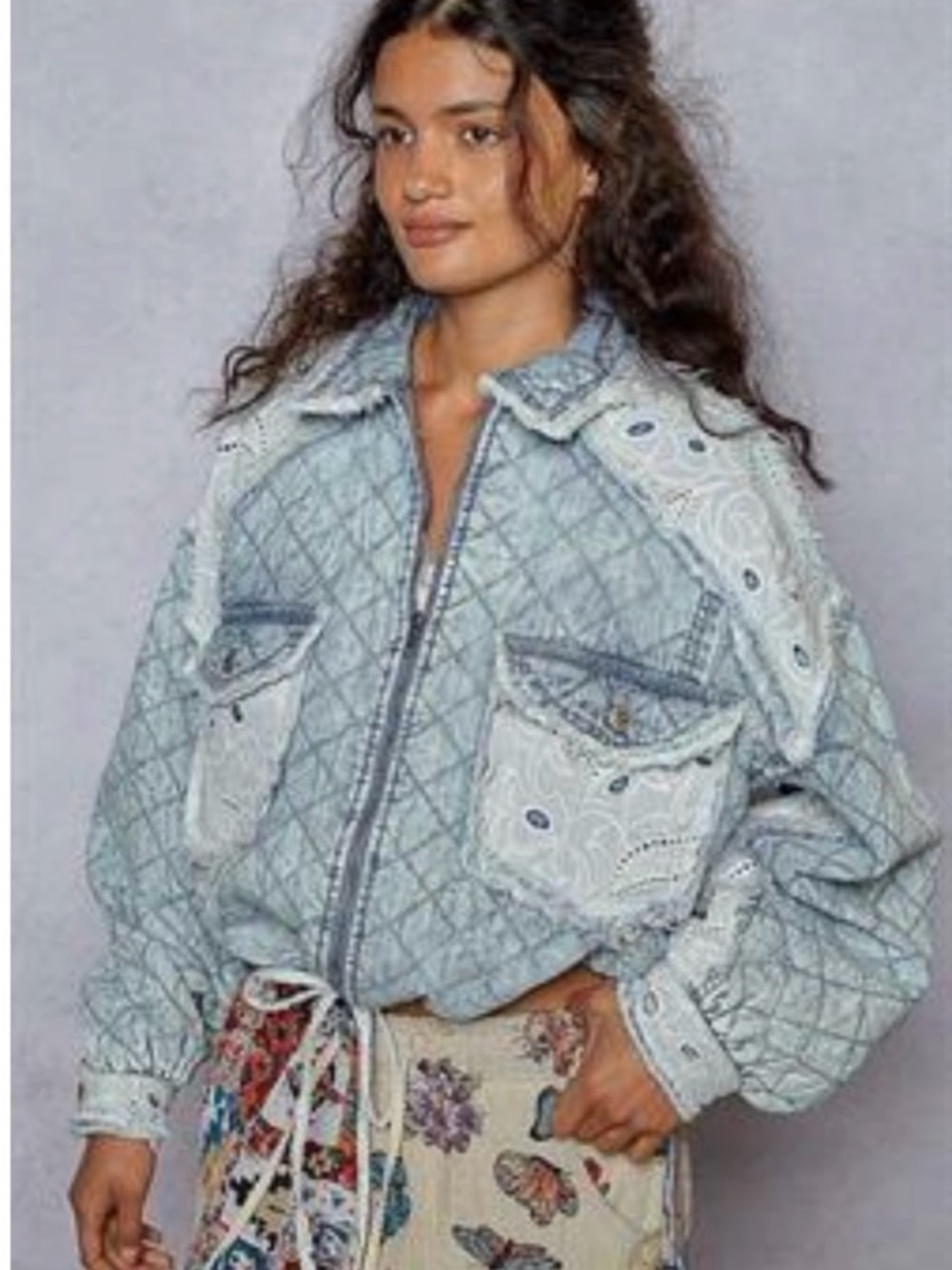 POL Quilted Light Blue Lace-Trim Jean Jacket